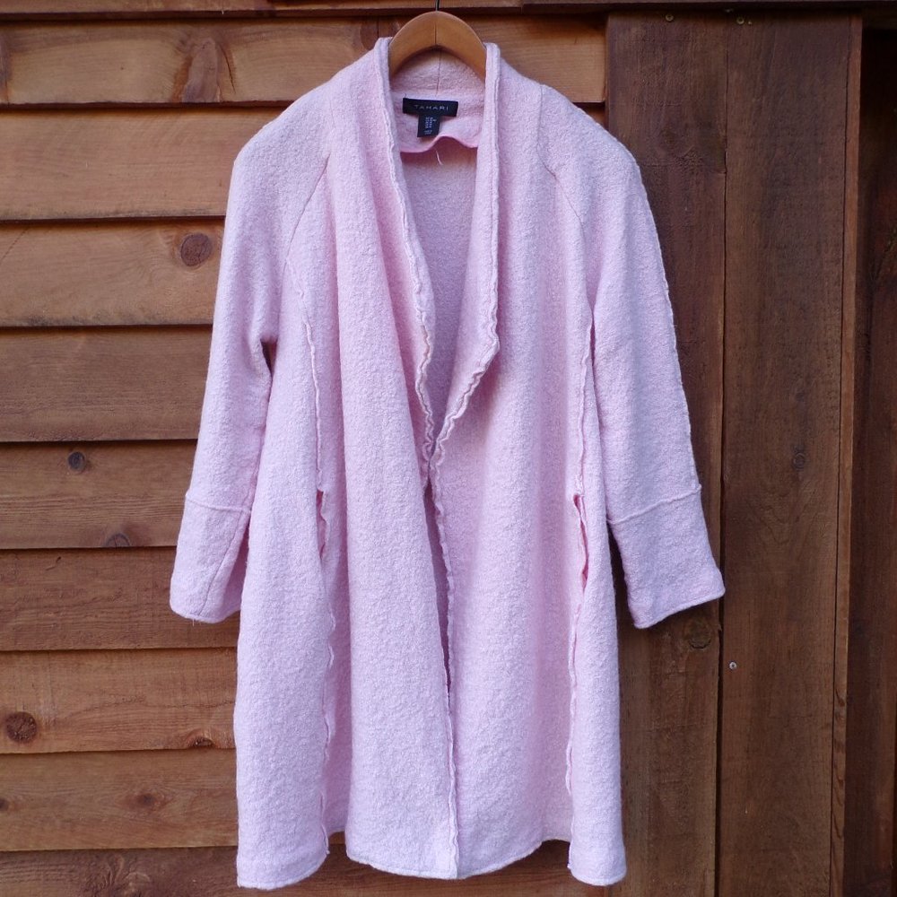 Tahari Women's Wool Blend Open Front Soft Pink Coat with Pockets.